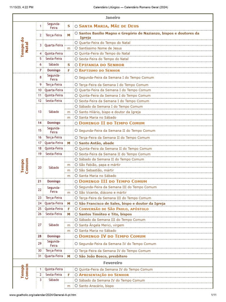 Calendário Litúrgico Calendário Romano Geral (2025) Download grátis