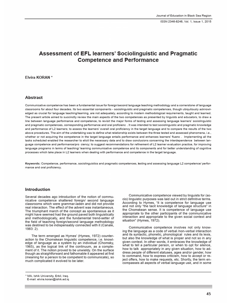 Assessment of EFL Learners' Sociolinguistic and Pragmatic Competence ...