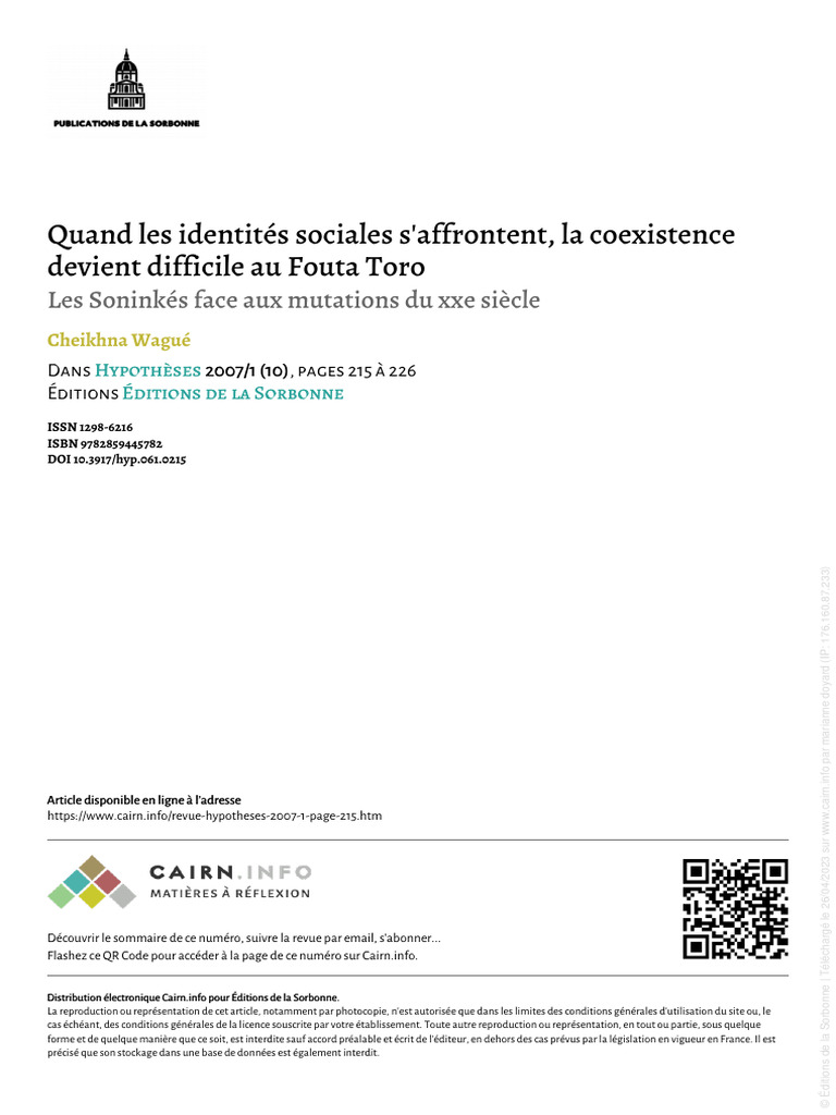 Identités sociales et tensions au Fouta Toro | PDF