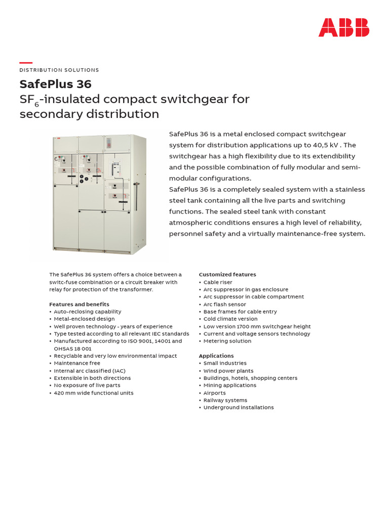 ABB SafePlus 36 kV Switchgear Overview | PDF | Electricity | Electrical ...