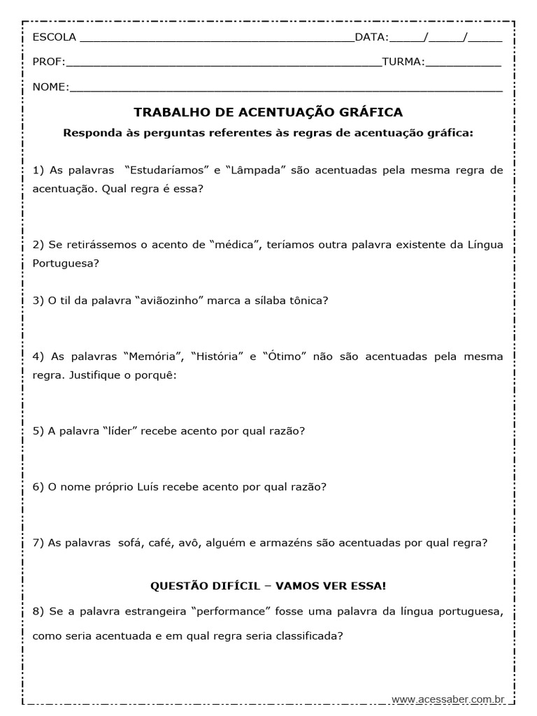 Atividades de Acentuação Gráfica 9º Ano | PDF