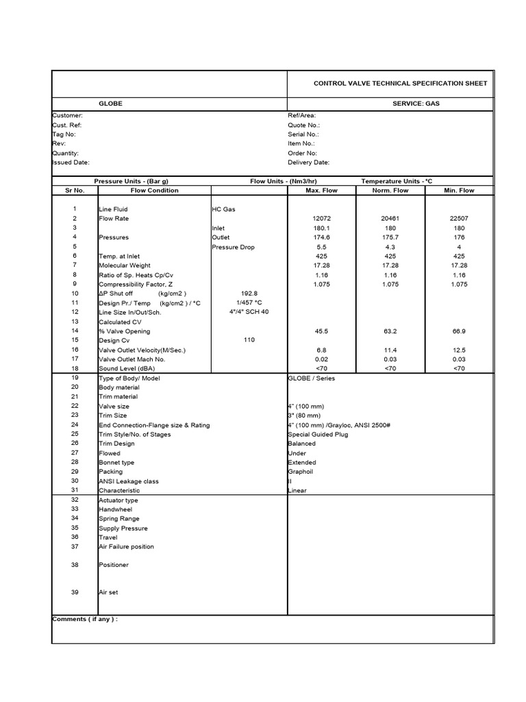 Control Valve Technical Specification Sheet Globe Service Gas PDF Valve Liquids