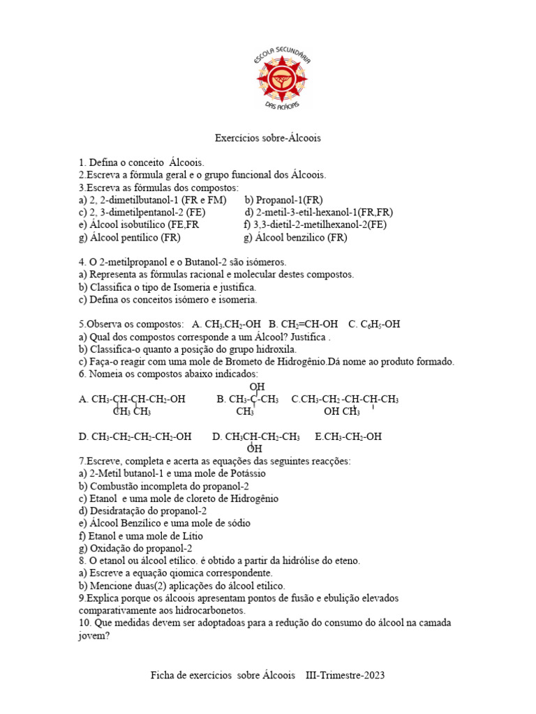 Exercícios sobre Álcoois e Nomenclatura | PDF | Éster | Química Orgânica