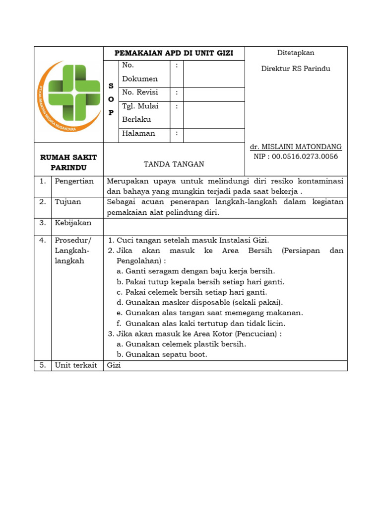 Spo Pemakaian Apd Di Unit Gizi | PDF