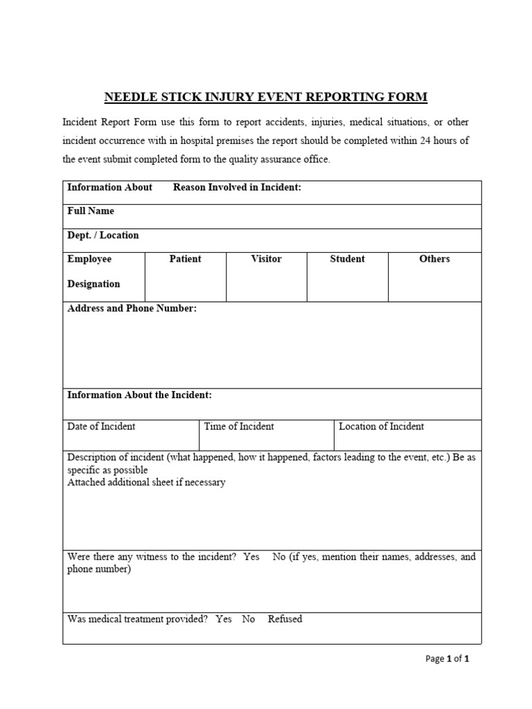 Needle Stick Injury Event Reporting Form | PDF