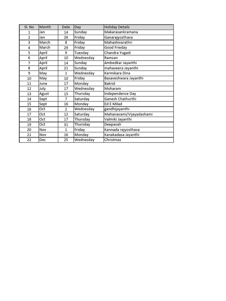 Holiday List PDF