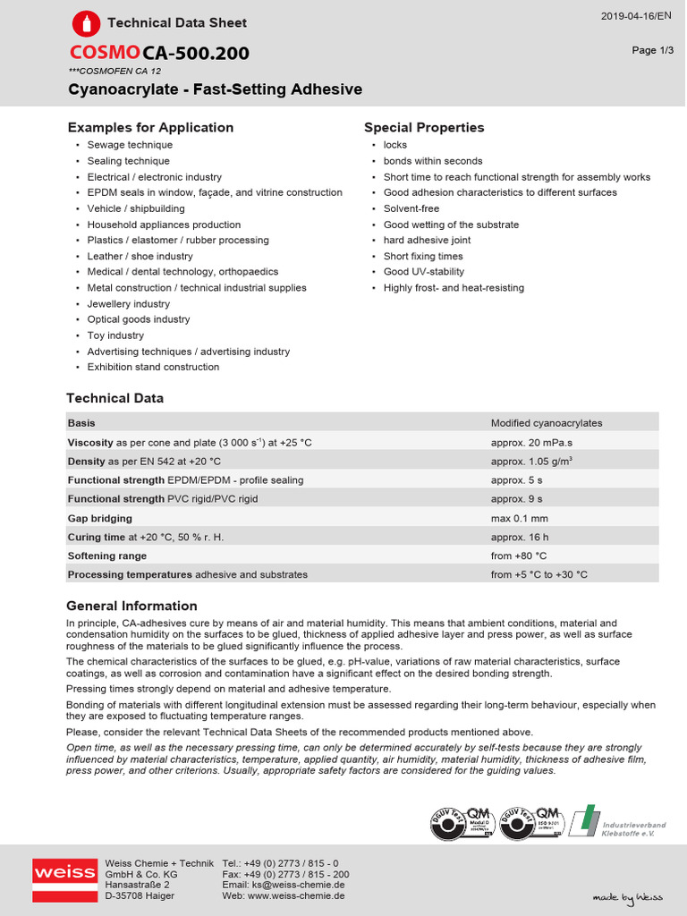 Tds Cosmo CA 500 200 en | PDF | Adhesive | Building Materials