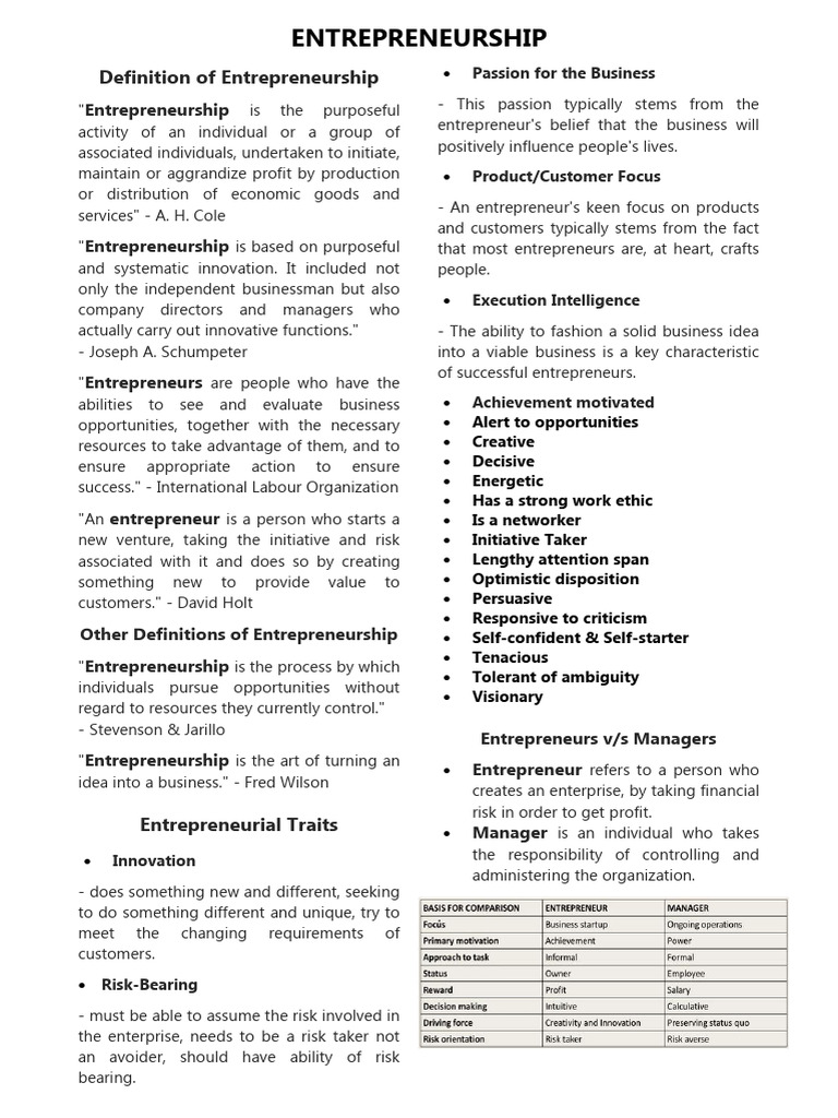 Entrepreneurship Notes 1 Pdf Entrepreneurship Return On Investment