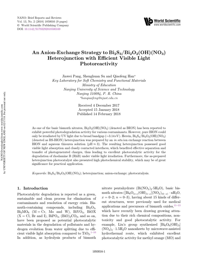 An Anion-Exchange Strategy To Bi2S3 - Bi2O2 (OH) (NO3) Heterojunction ...