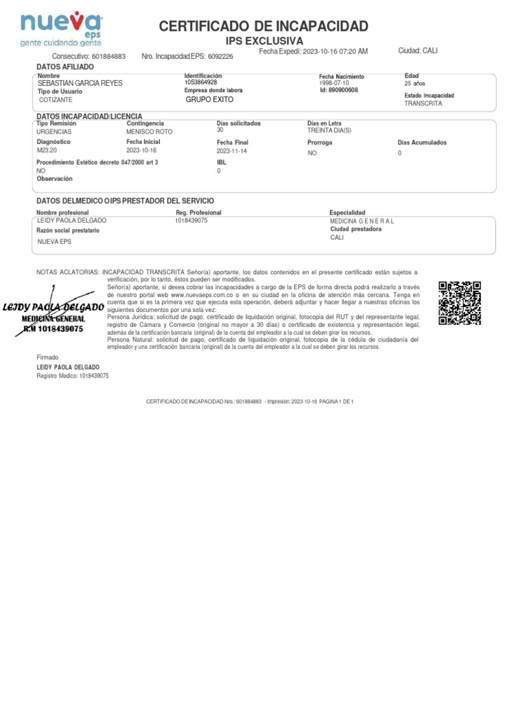 Certificado de Incapacidad Médica | PDF