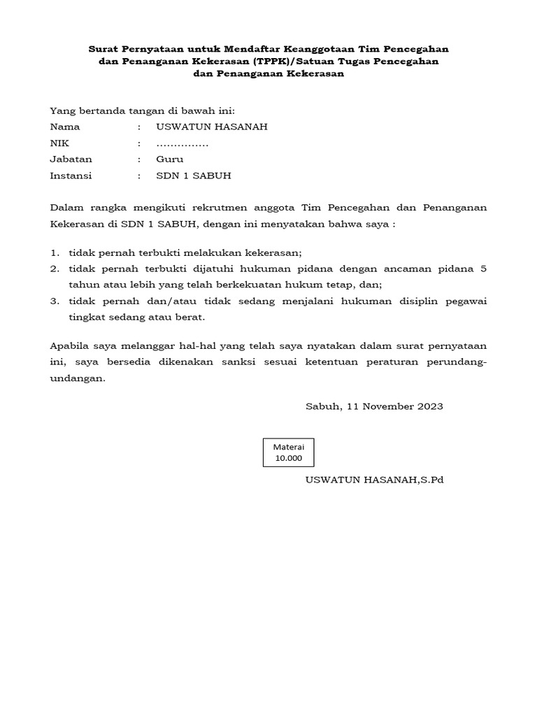 03 Format Surat Pernyataan Tppk Pdf