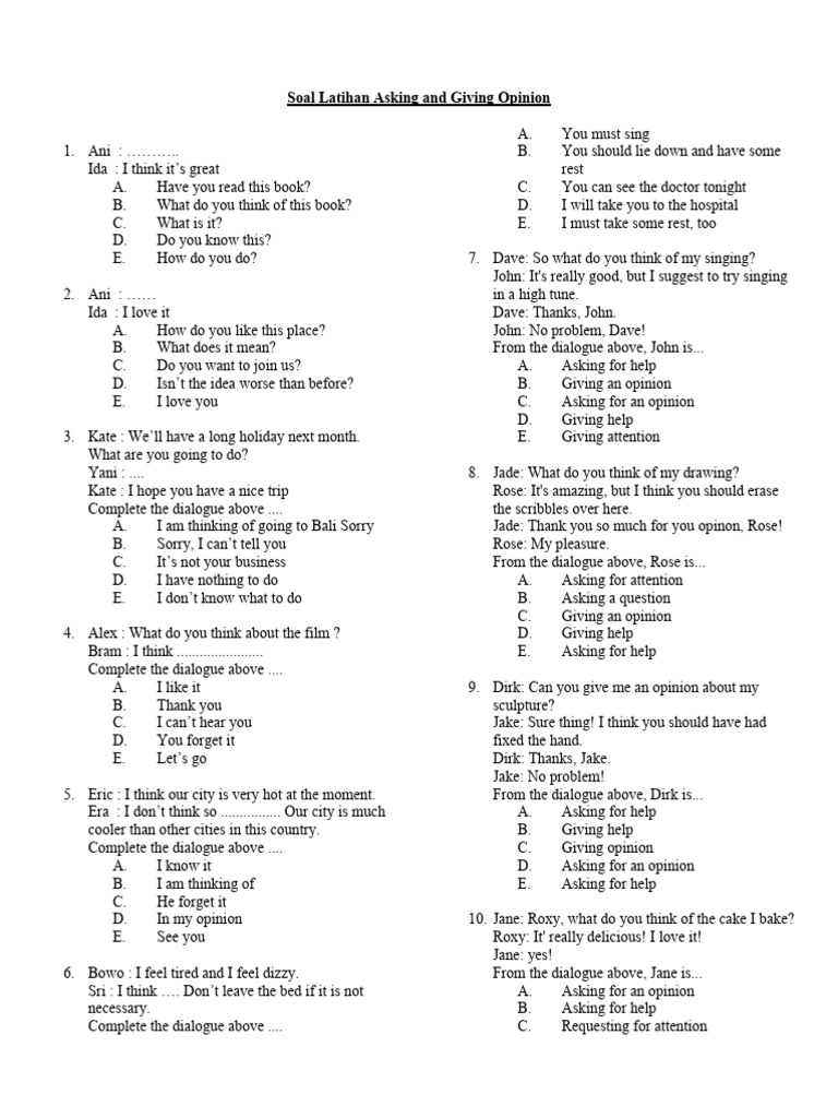 Soal Latihan Bahasa Inggris Asking And Giving Opinion Pdf