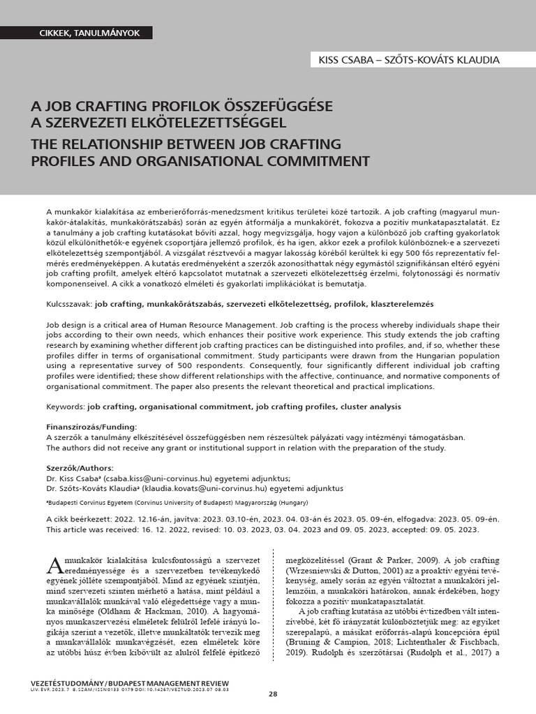 A Job Crafting Profilok Összefüggése A Szervezeti Elkötelezettséggel | PDF