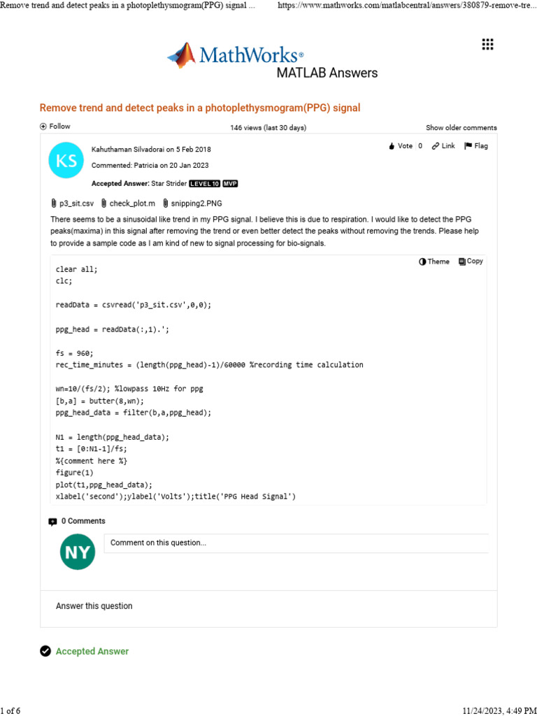 Remove Trend and Detect Peaks in A Photoplethysmogram (PPG) Signal
