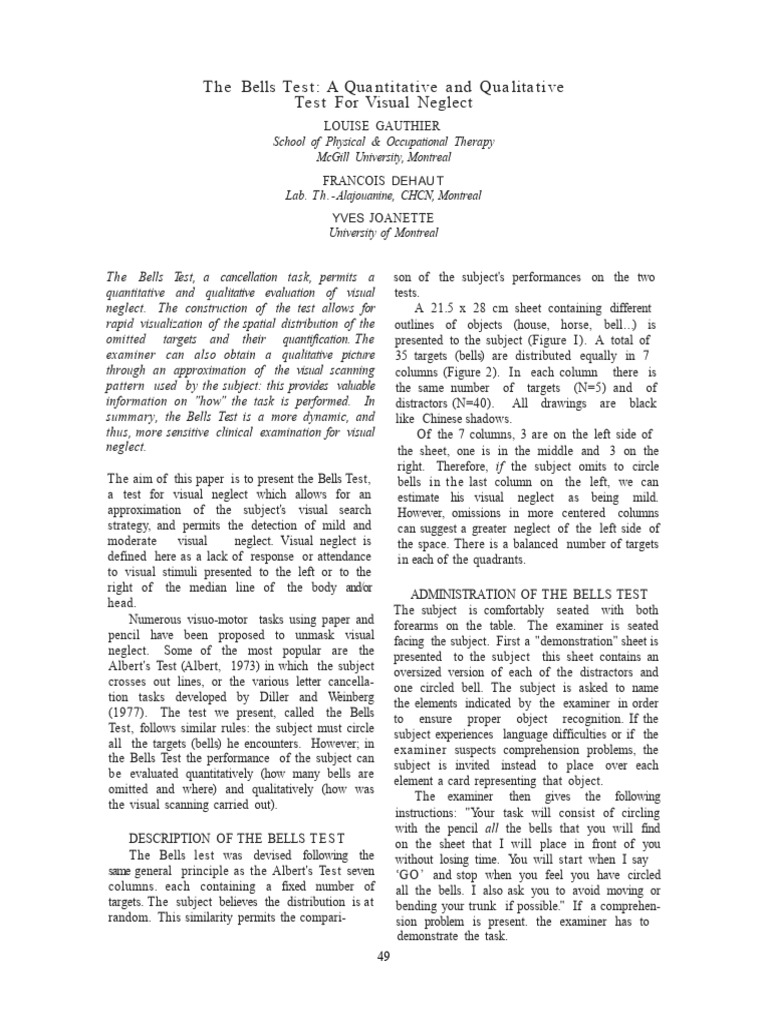Bells Test for Visual Neglect Evaluation | PDF | Lateralization Of ...