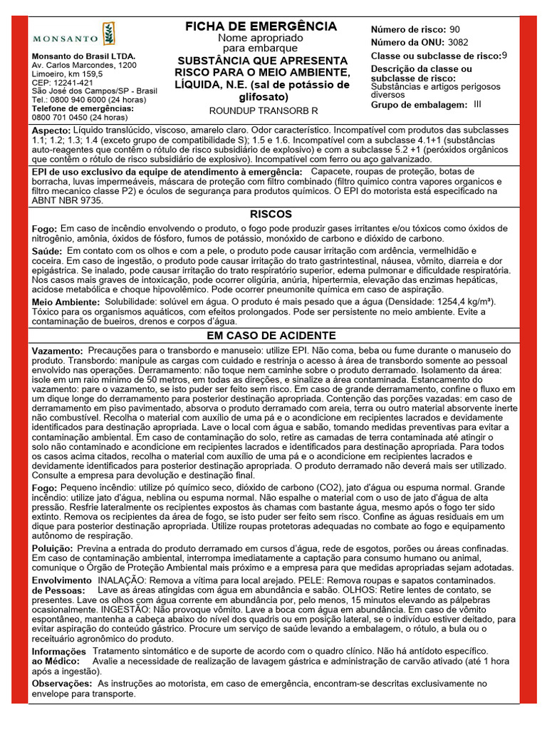 Ficha de Emergência: Roundup Transorb R | PDF | Poluição | Incêndios