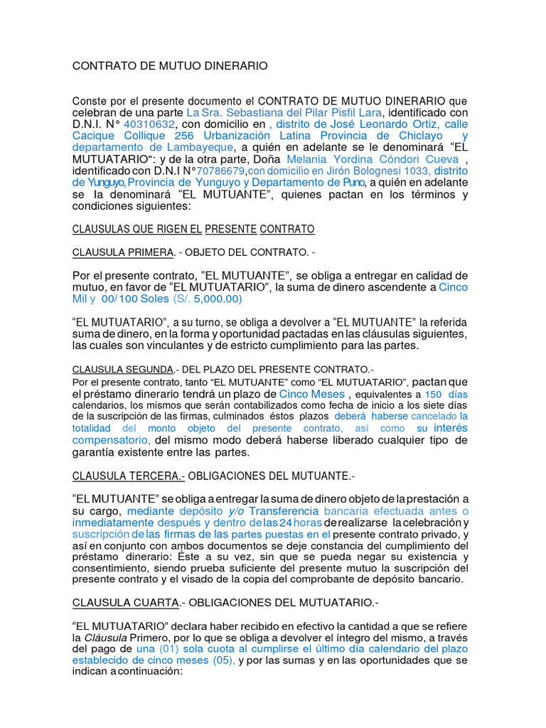 17.contrato de Mutuo Dinerario Cleosaki | PDF | Pagos | Business