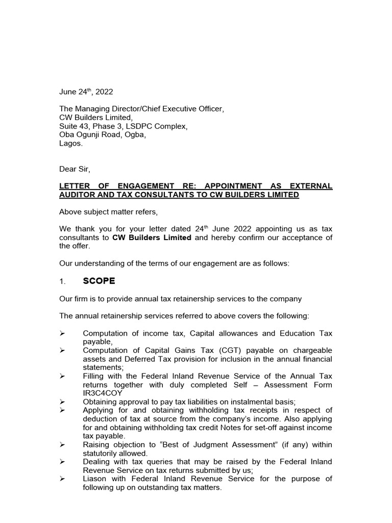 Tax Engagement Letter | PDF | Taxes | Revenue