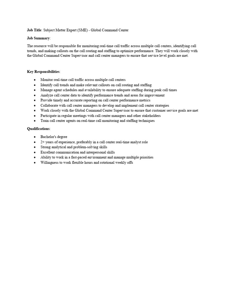 Job Title: Subject Matter Expert (SME) - Global Command Center Job ...