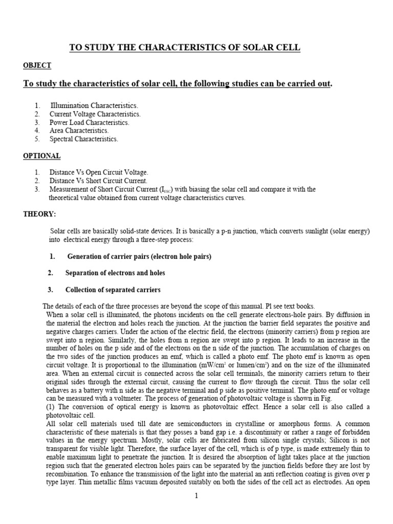 To Study The Characteristics of Solar Cell - Current Voltage Spectral ...