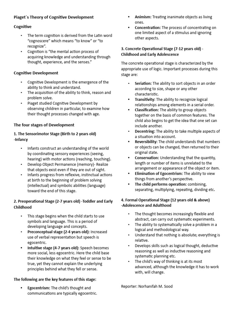 Piaget's Theory PDF Cognitive Development Thought