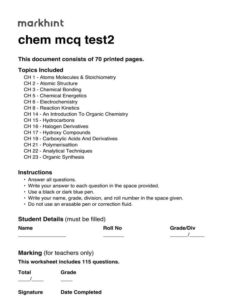Chemistry MCQ Test for Students | PDF | Chemistry | Chemical Reactions