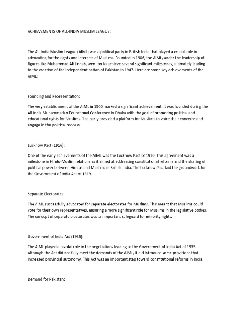 Achievements of Aiml | PDF | All India Muslim League | Pakistan Movement