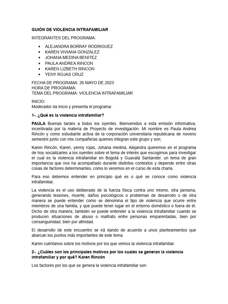 Guion sobre Violencia Intrafamiliar | PDF | Violencia doméstica | Violencia