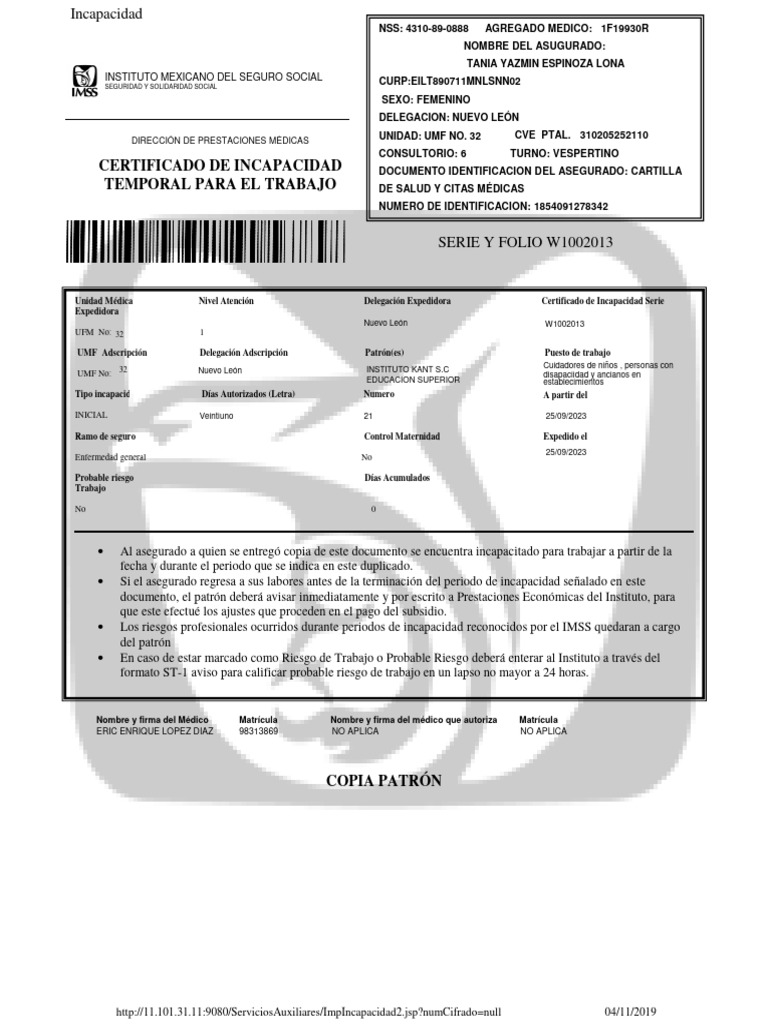 Certificado de Incapacidad IMSS 2023 | PDF | Cuidado de la salud ...