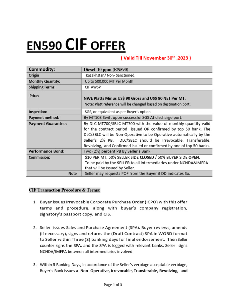 EN590 Diesel CIF Offer Details | PDF | Letter Of Credit | Business