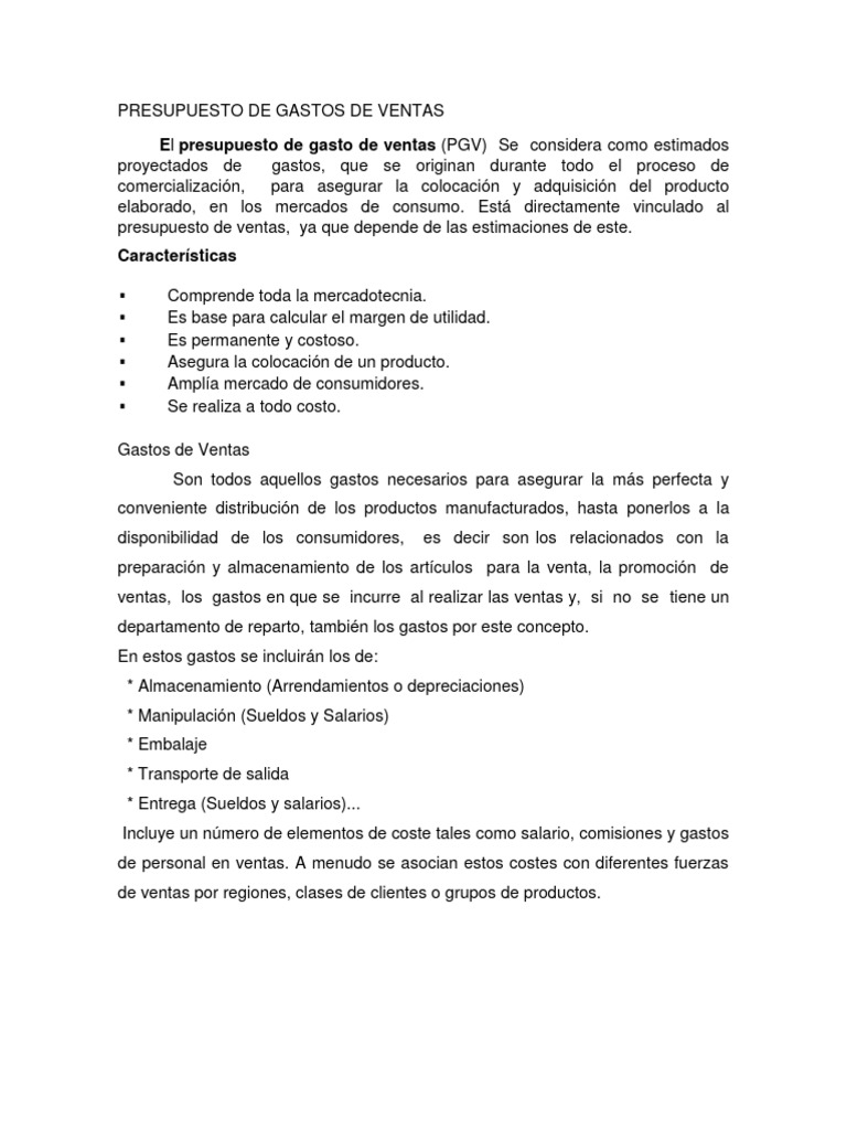 Presupuesto de Gastos de Ventas | PDF | Presupuesto | Marketing