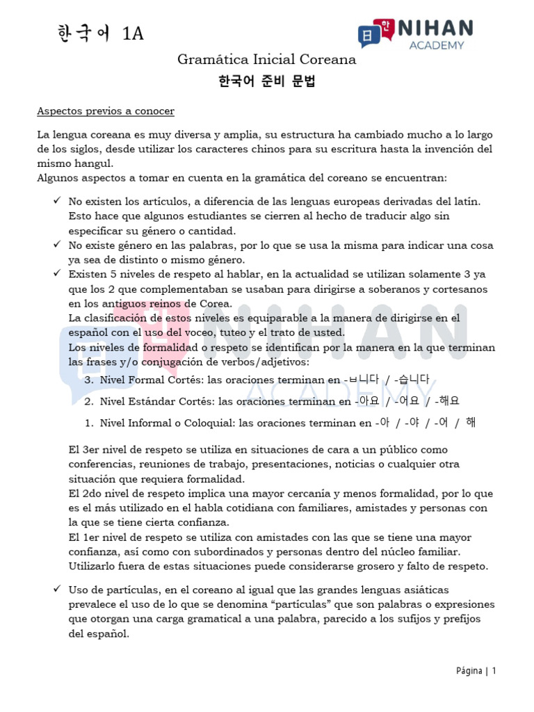 Gramática Inicial Coreana (준비 1-4) | PDF | Verbo | Lenguaje Koreano
