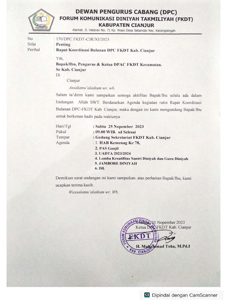 Undangan Rapat FKDT Kab Cianjur Bulan November 23 | PDF