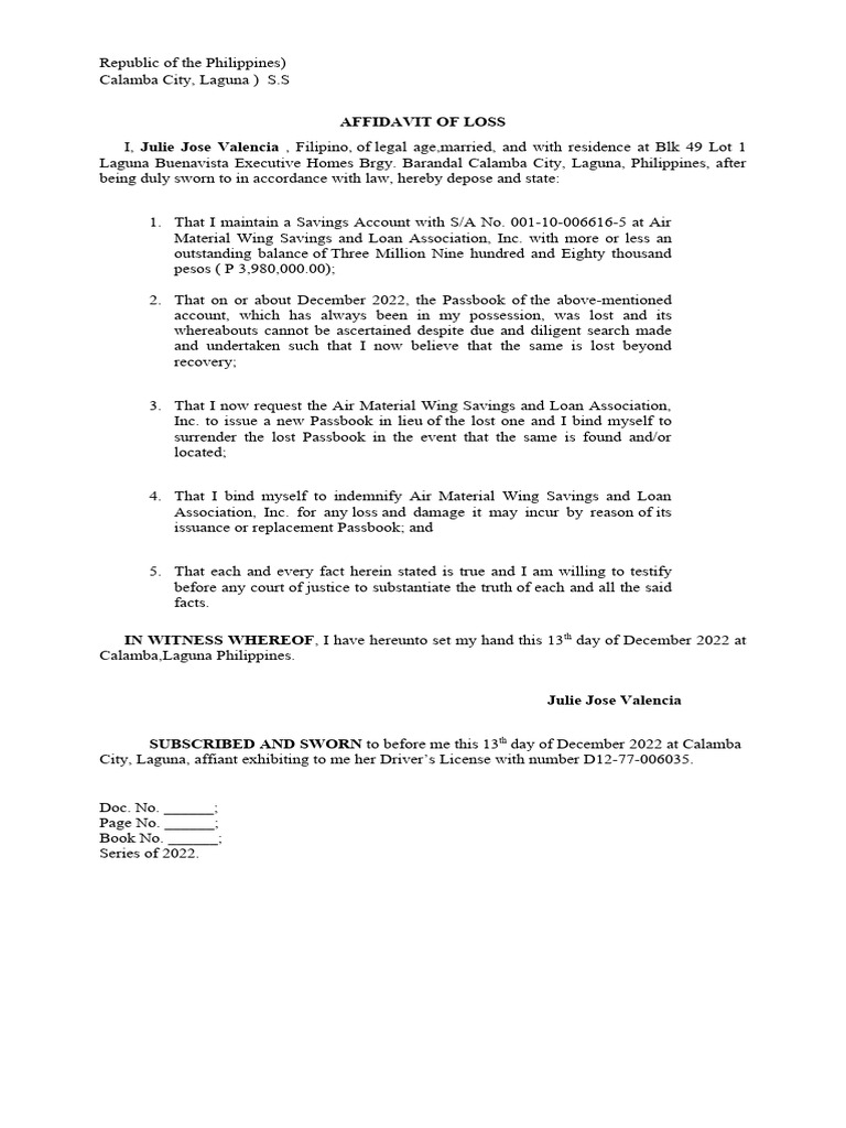 Affidavit of Loss for Bank Passbook | PDF