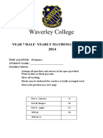 Waverley College Year 7 Half Yearly Mathematics Exam - 2014