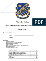 Waverley College Year 7 Mathematics End of Year Examination - Past Paper