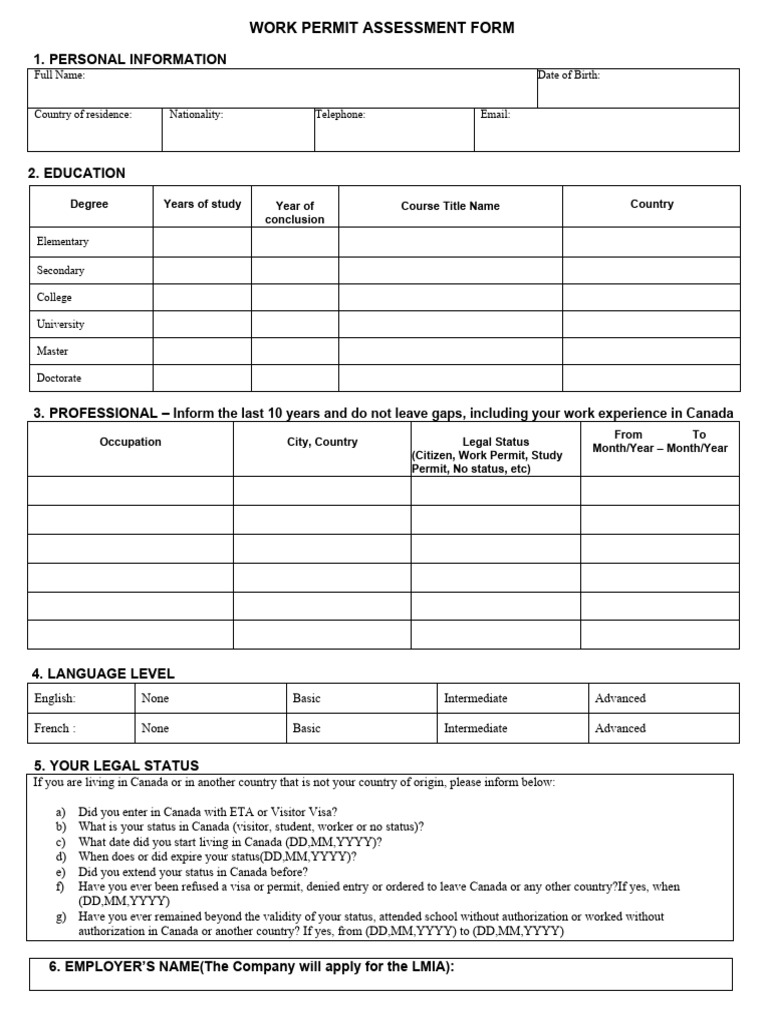 Assessment Form Work Permit English | PDF