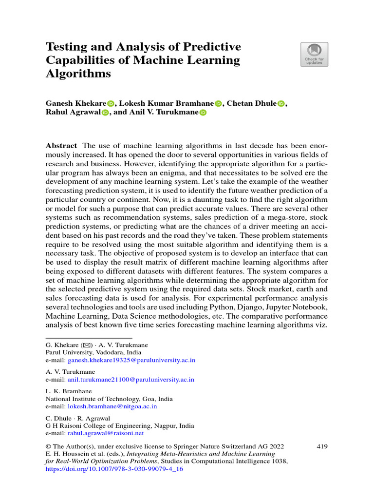 Testing and Analysis of Predictive ML Algorithms-Pages-421-443 | PDF ...