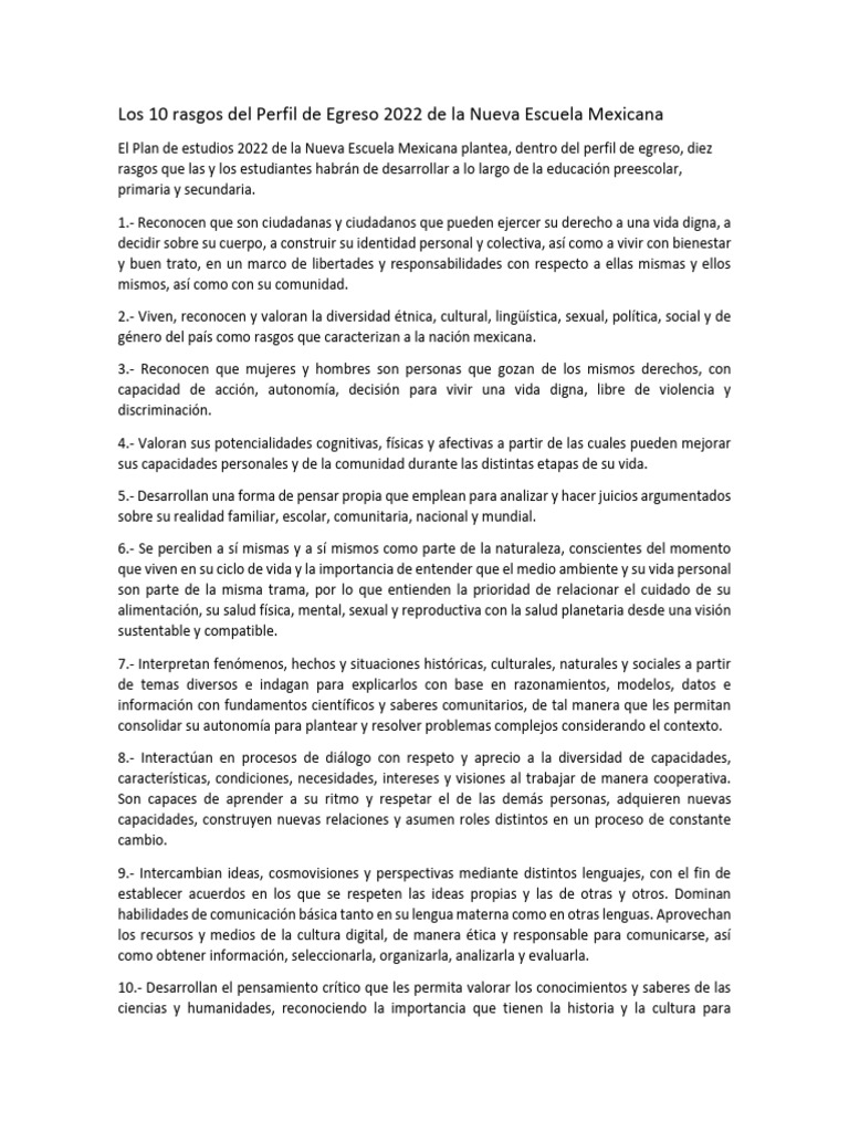 10 Rasgos del Perfil de Egreso NEM 2022 | PDF | Pensamiento | Aprendizaje