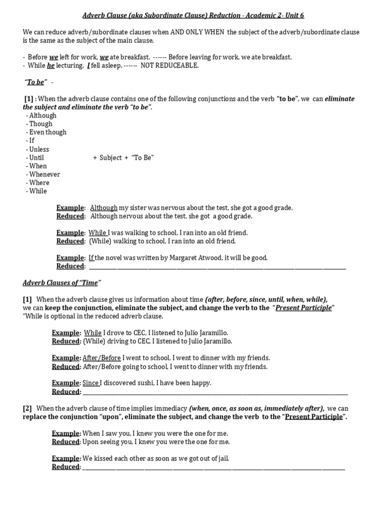 Academic 2 Unit 6 Adverb Clause Aka Subordinate Clause Reduction