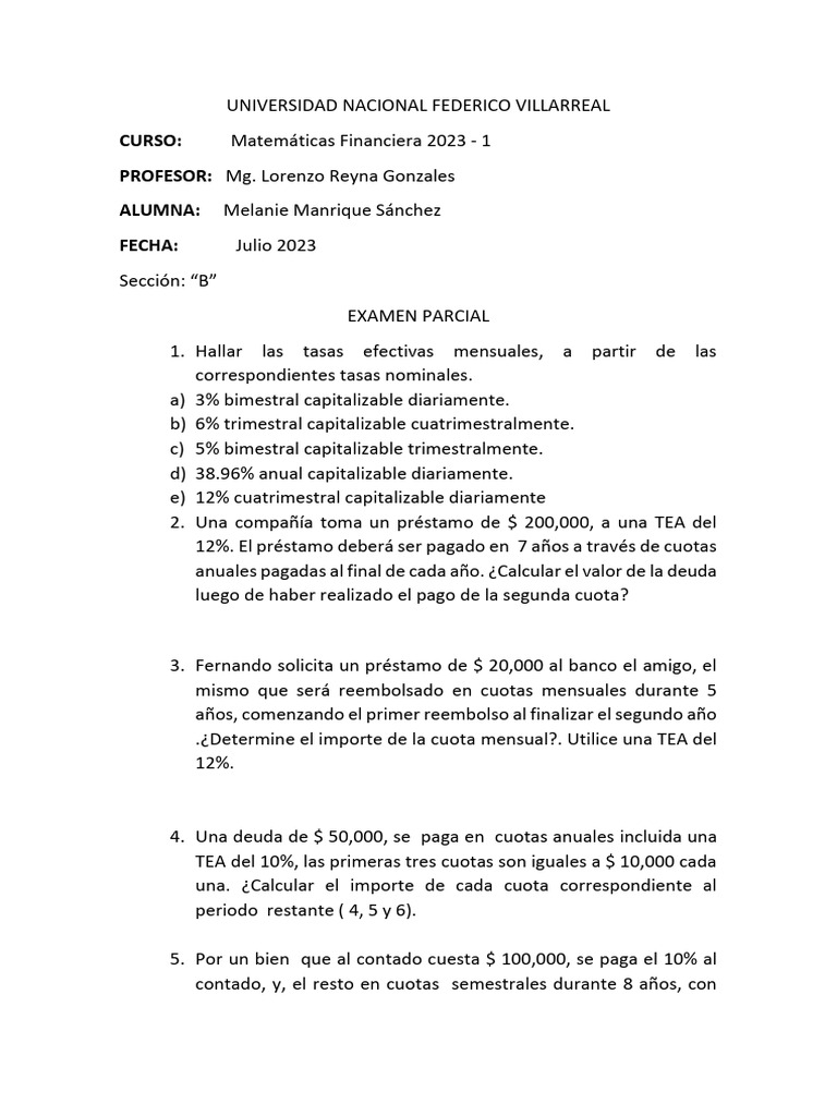 Seccion B 18 Julio Examen Parcial de Matematicas Financieras 2023 | PDF
