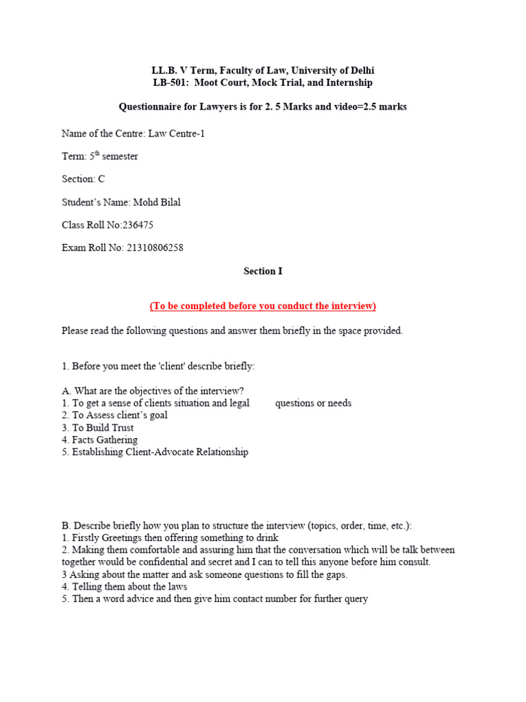 Questionnaire For Lawyers Exam 2023 PDF Restraining Order Lawyer