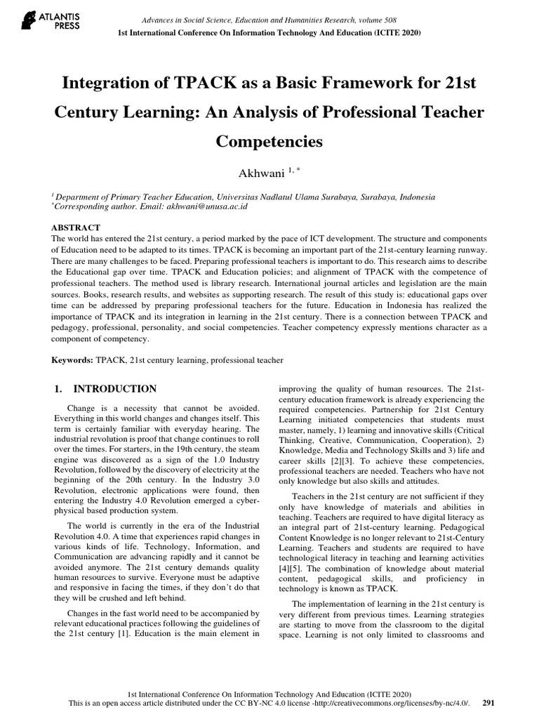 Integration of tpack as a basic framework for 21st century learning an
