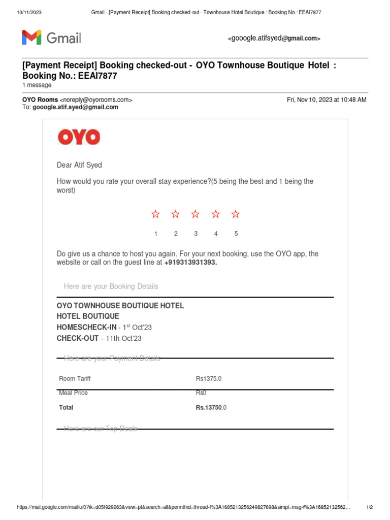 OYO Townhouse Hotel Payment Receipt | PDF