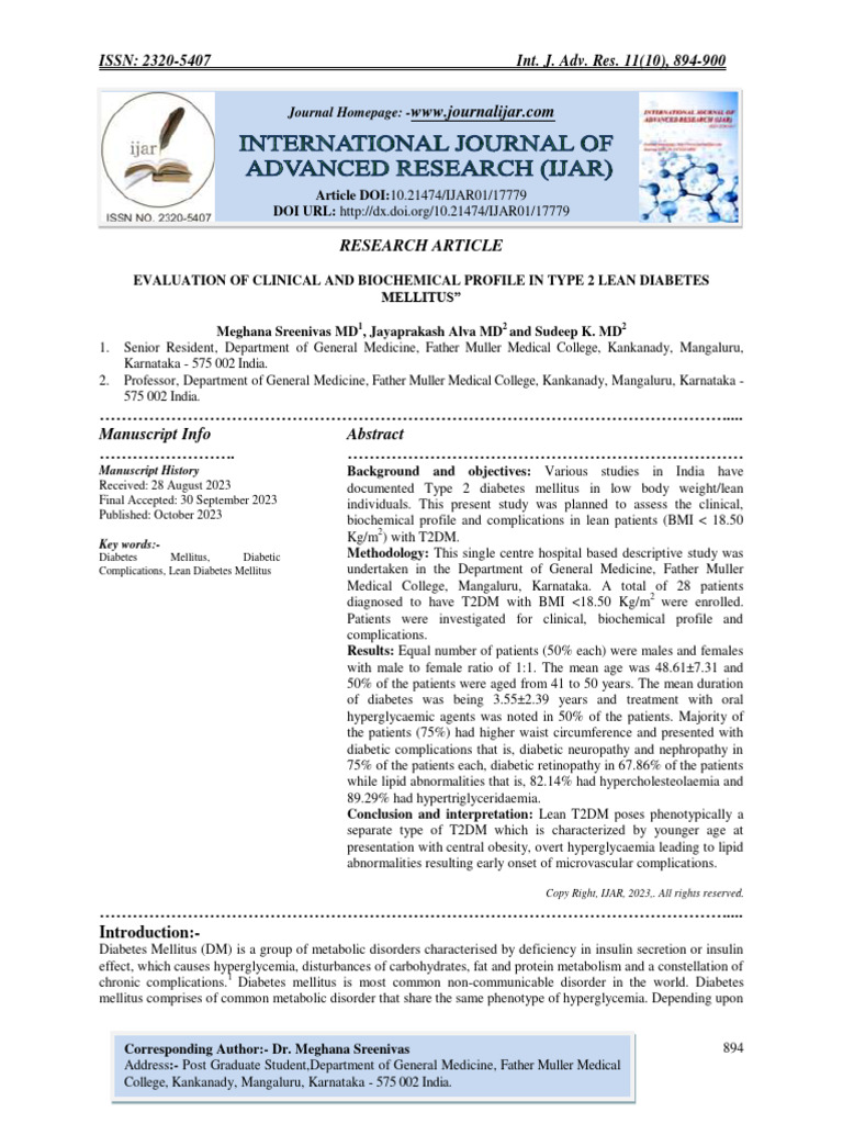 Evaluation of Clinical and Biochemical Profile in Type 2 Lean Diabetes ...