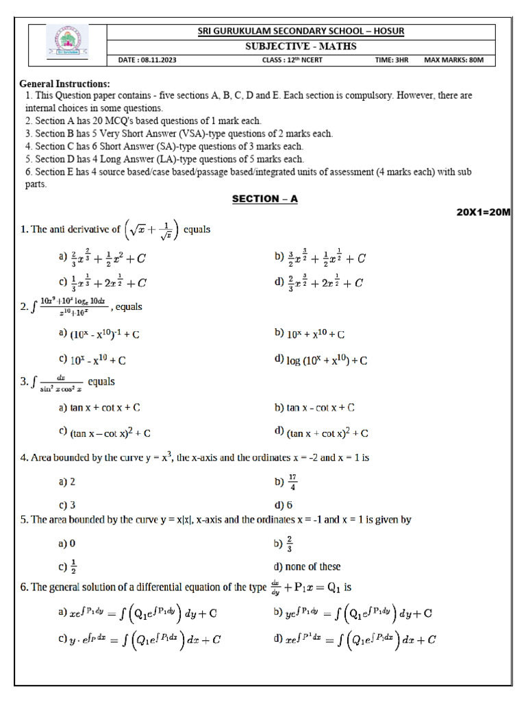 Class 12 Maths Exam Paper 2023 | PDF