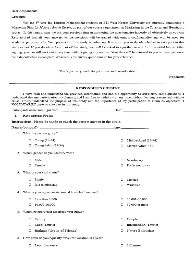 Melrose Survey Questionnaire | PDF | Resort | Tourism