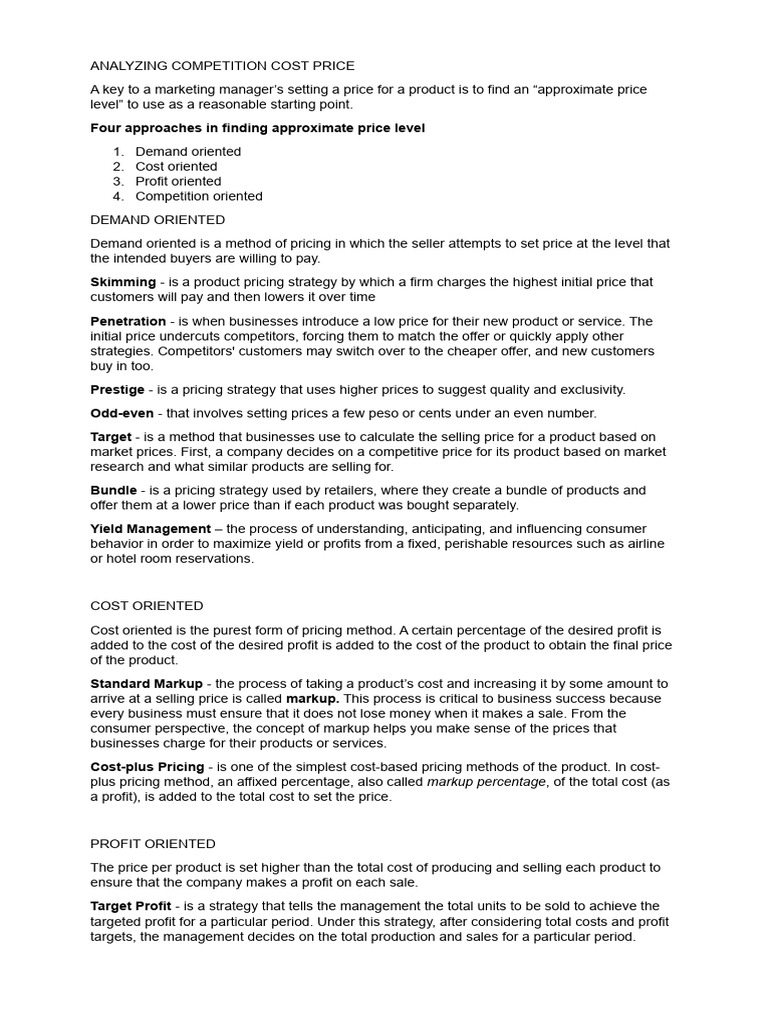 Analyzing Competition Cost Price PDF Pricing Profit (Economics)