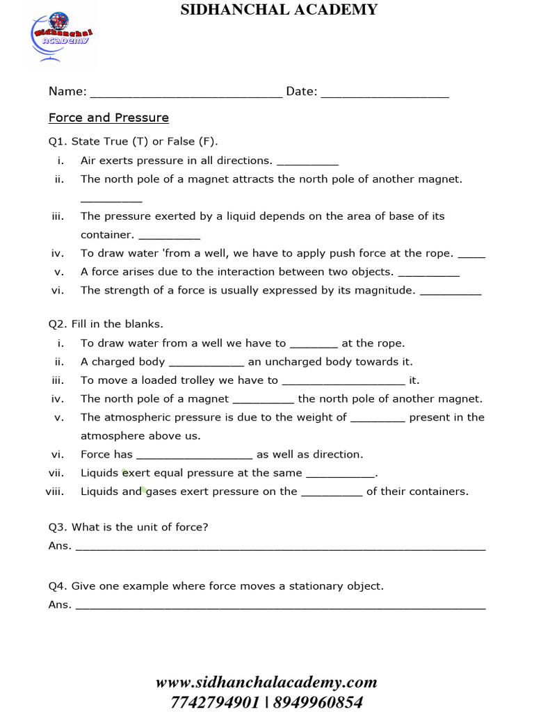 Force and Pressure Worksheet for Class 8 | PDF | Pressure | Force