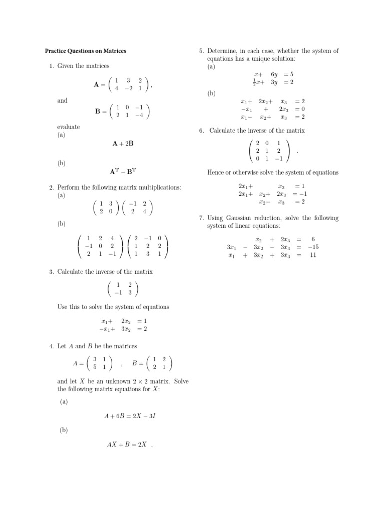 Practice Questions Matrices | PDF | Matrix (Mathematics) | Linear Algebra
